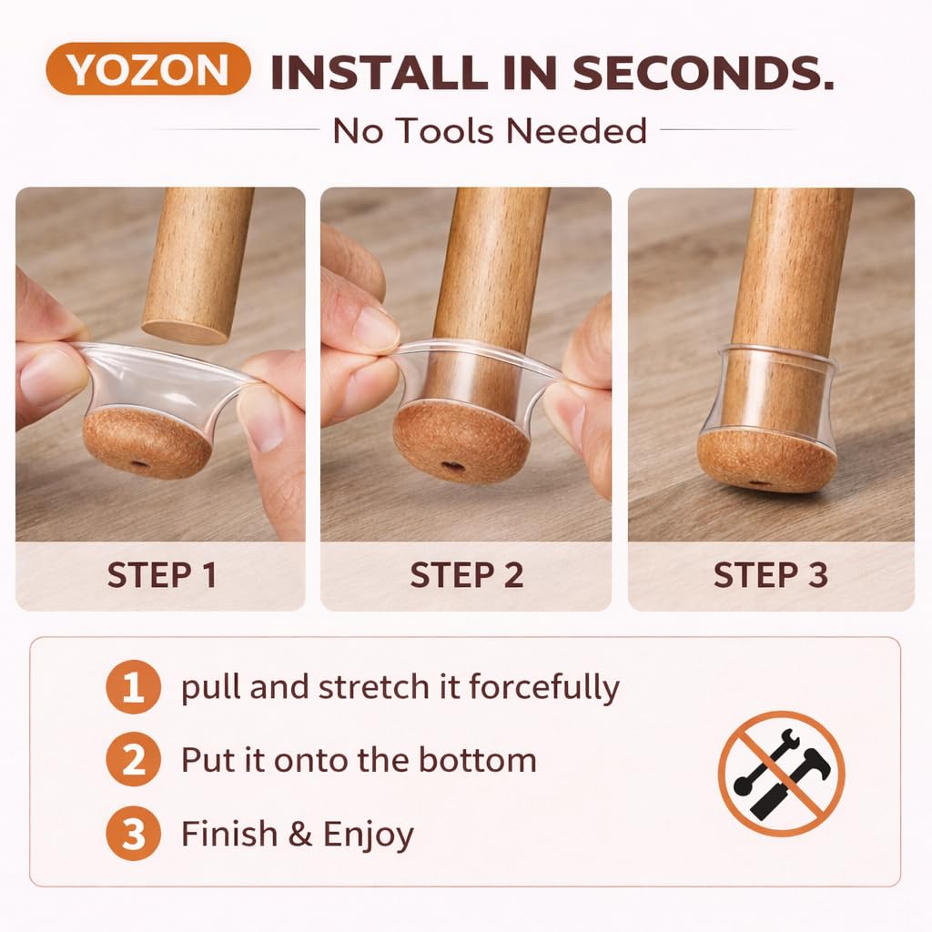 YOZON Chair Leg Floor Protectors for Hardwood Floors Felt Furniture Pads Silicone Caps 32 Pack Anti-Scratch Reduce Noise Clear Round Medium Fit 3/4" to 1-3/16" (19-30mm)