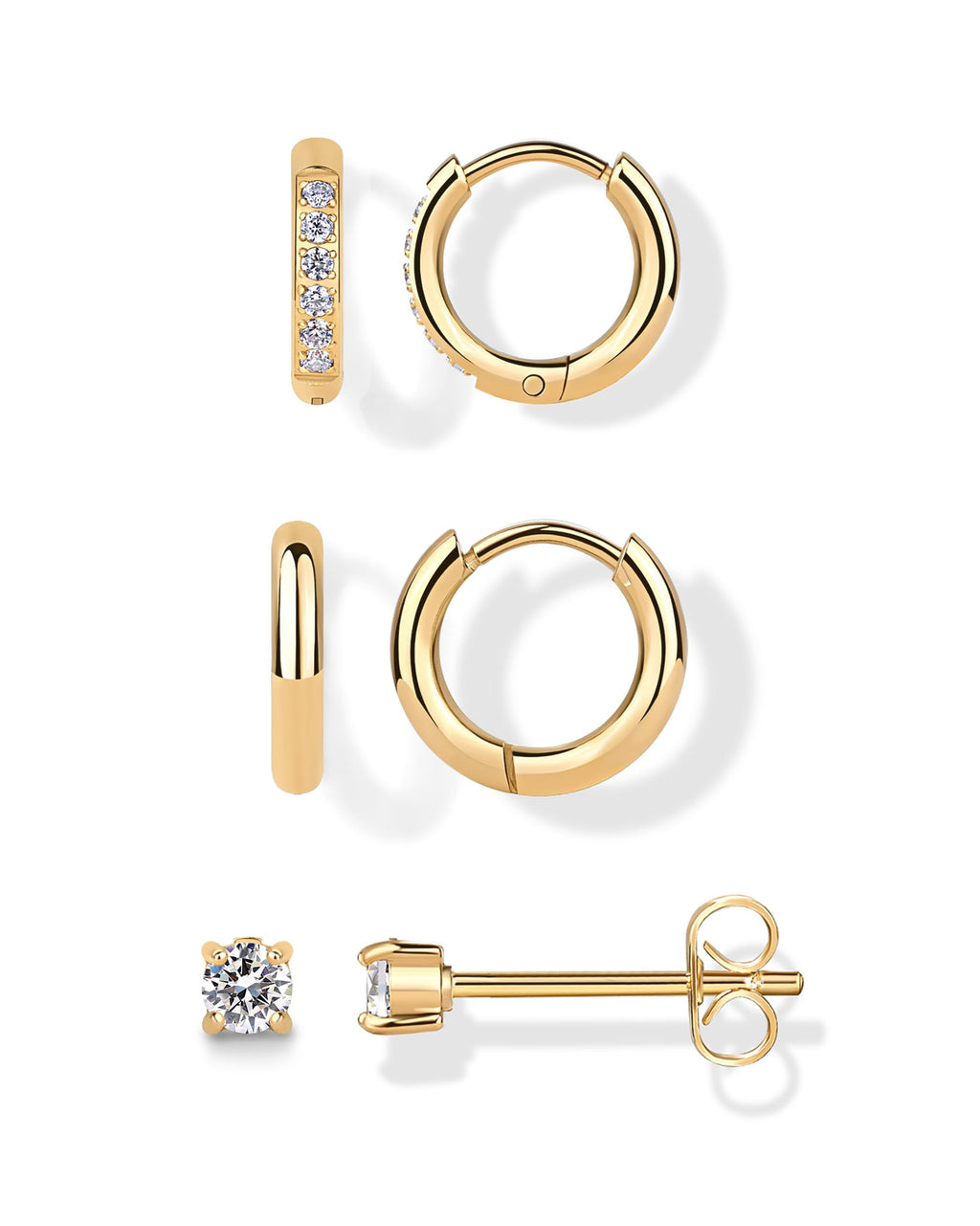 PAVOI CZ Huggie Set, Yellow Gold, Size 3 Millimeters, 12 Millimeters