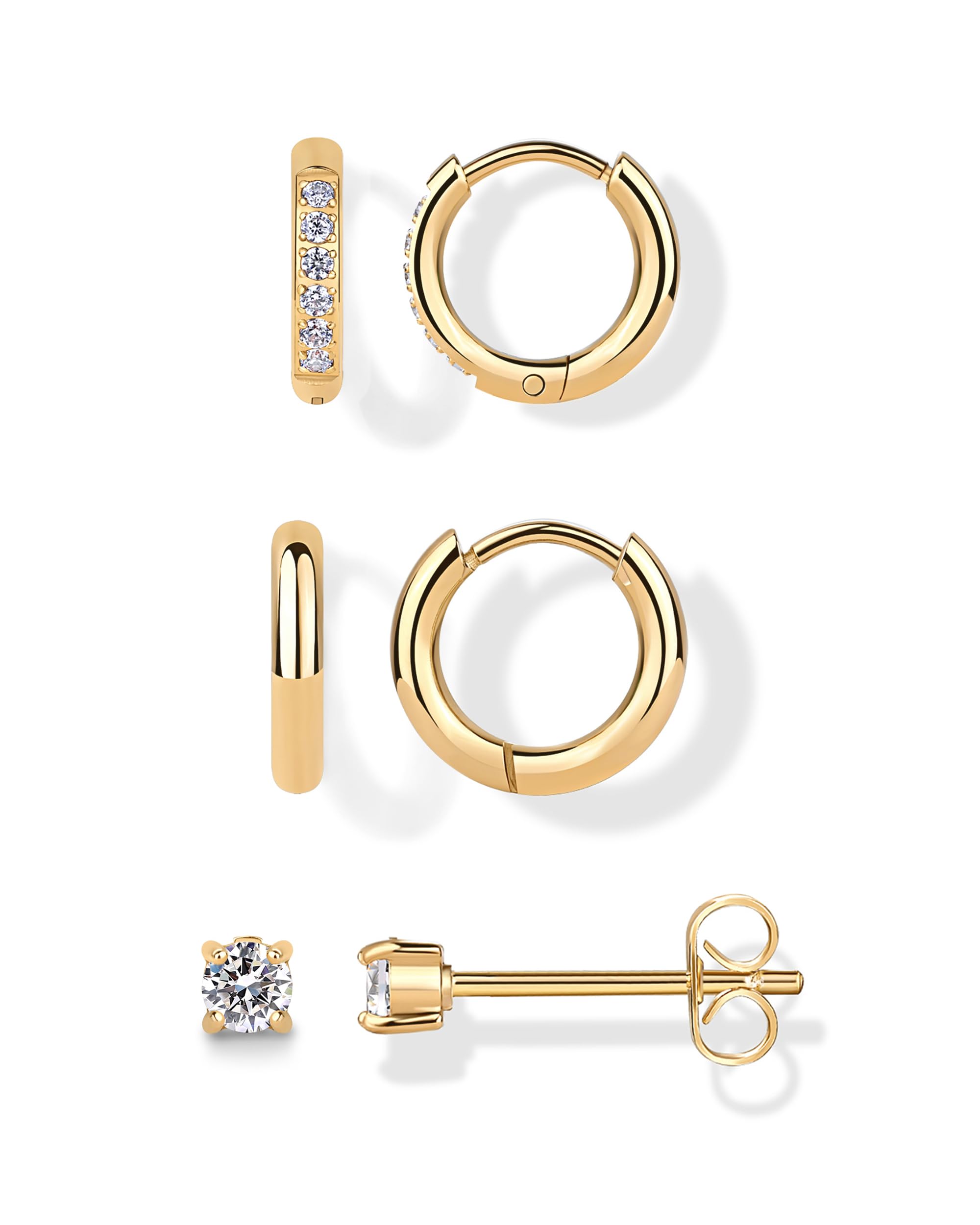 PAVOI CZ Huggie Set, Yellow Gold, Size 3 Millimeters, 12 Millimeters