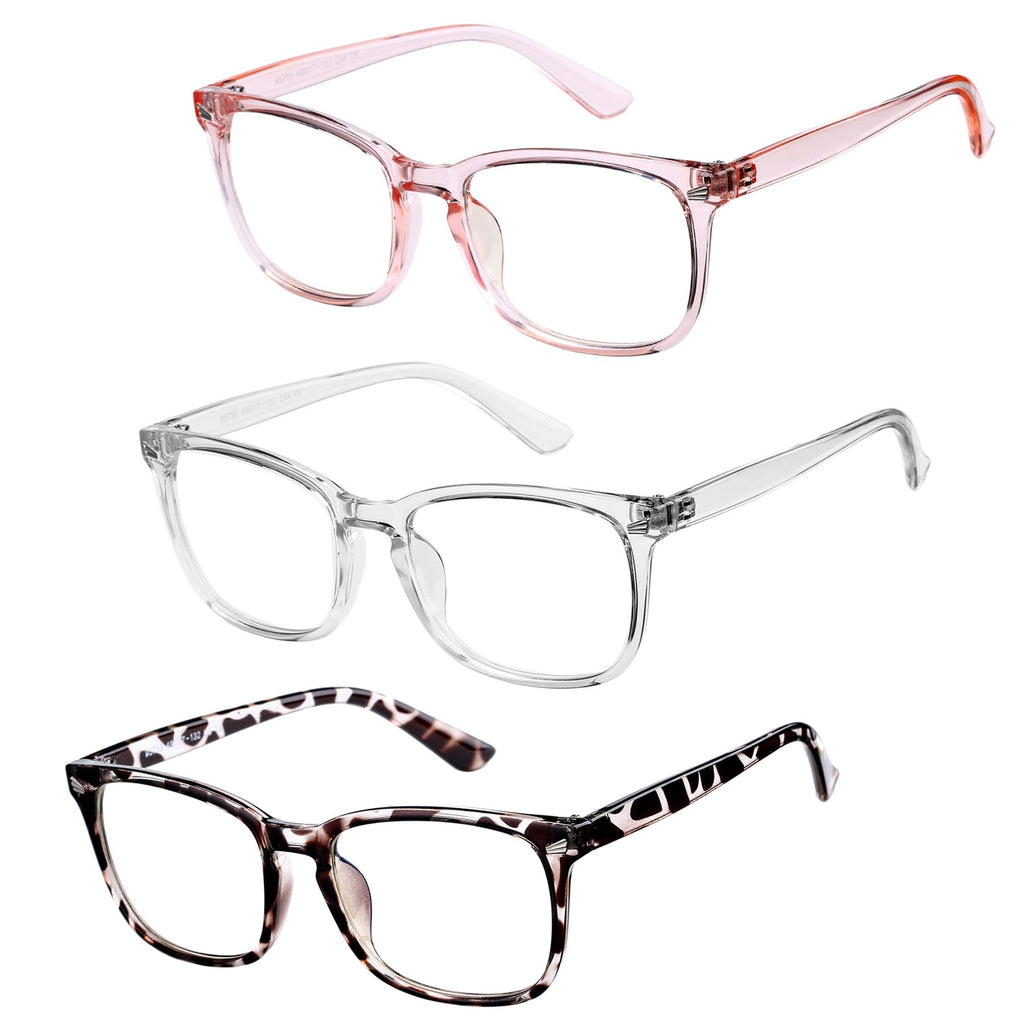 Hycredi Kids Blue Light Blocking Glasses，Anti Eyestrain & UV Protection, Computer Gaming TV Phone Glasses for Boys Girls-(Clear Pink+Clear+Leopard)