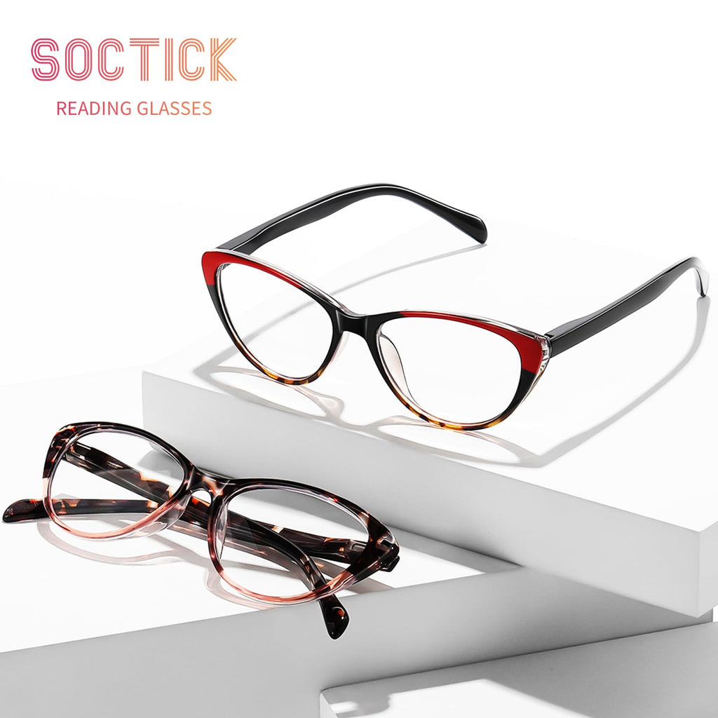 SOCTICK Cat Eye Reading Glasses for Women Blue Light Blocking,Readers for Women 2.75 with Comfort Spring Hinges,Fashion Designer Ladies Eyeglasses(4 pack)