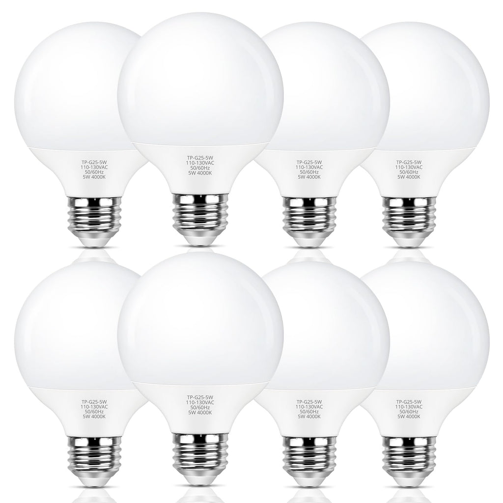 MAXvolador G25 LED Globe Light Bulbs Neutral White 4000K, Round Vanity Light Bulb 60W Equivalent, E26 Base Bathroom Mirror Light Bulbs, 500LM, Non-Dimmable, 8-Pack