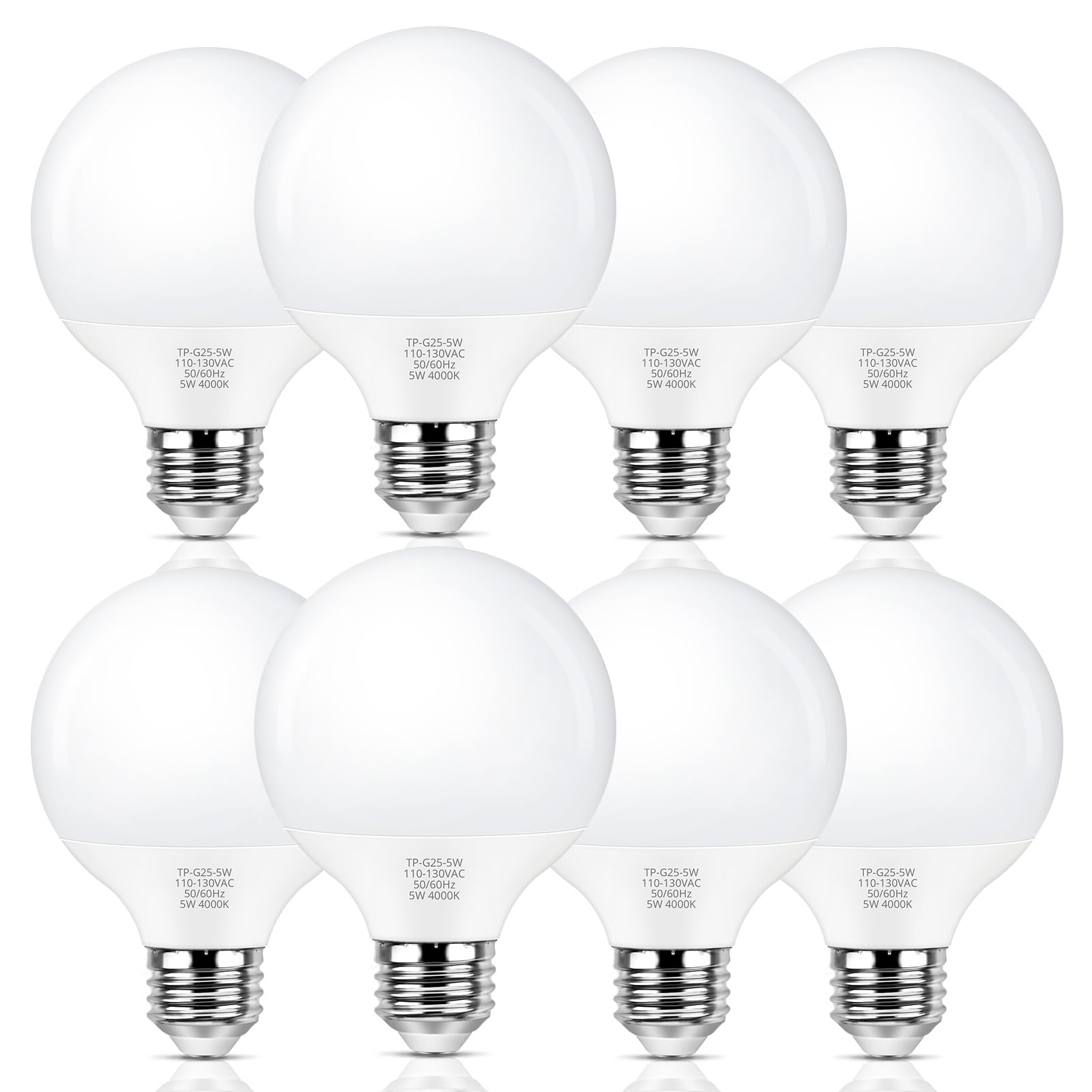 MAXvolador G25 LED Globe Light Bulbs Neutral White 4000K, Round Vanity Light Bulb 60W Equivalent, E26 Base Bathroom Mirror Light Bulbs, 500LM, Non-Dimmable, 8-Pack