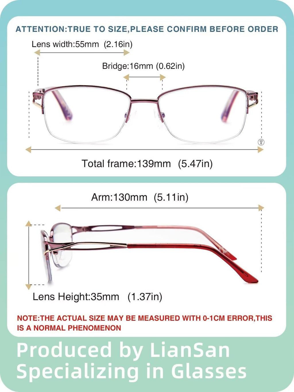 LianSan Metal Zero Top Progressive Multifocus Reading Glasses - for Women Half-Rim Blue Light Blocking Readers Clear Top Pink 2.50