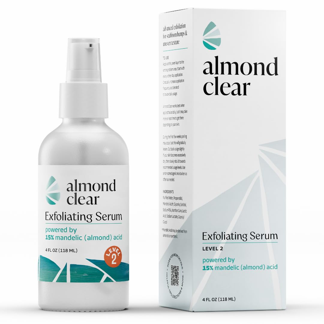 Almond Clear Level 2 Serum | Mandelic Acid Body Serum for Acne, Folliculitis, Aging Skin, Ingrown Hairs, Dark Spots on Face, Chest, Butt, Back, Thighs, Arms | 4 oz