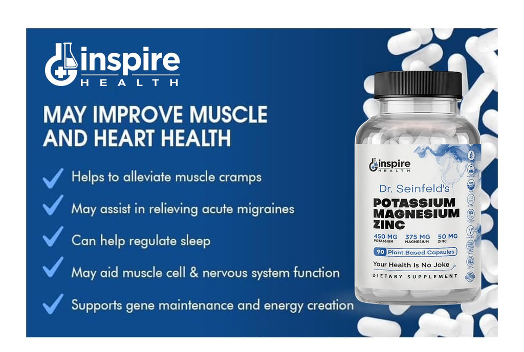 Magnesium Potassium Supplements w/Zinc - 90 Capsules - Magnesium Potassium Zinc for Vascular Health – High Absorption Vegan Supplement for Leg Cramps & Sleep Dr Seinfeld