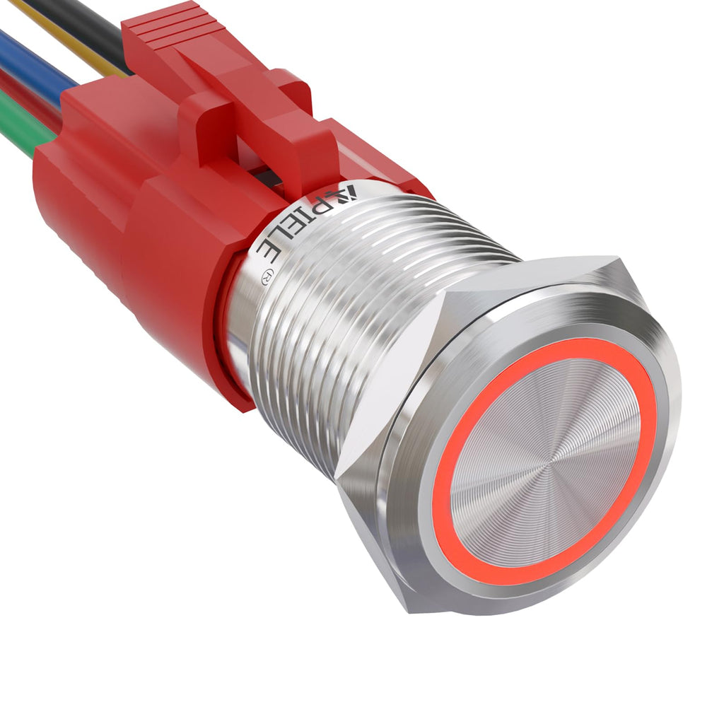 APIELE 16mm Latching Push Button Switch 12V On Off Stainless Steel with LED Angel Eye Head for 0.63" Mounting Hole with Wire Socket Plug Self-Locking(Red)