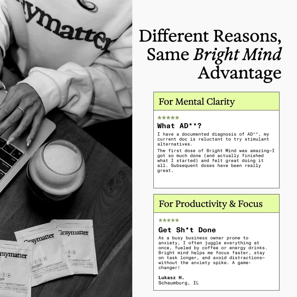 Graymatter Bright Mind Nootropic Powder (6 Travel Packets Variety Pack: Cacao, Tangerine, Strawberry Lemon) – Plant-Based Energy & Focus Drink Mix, Adaptogens & Vitamins, Sugar-Free Daily Supplement