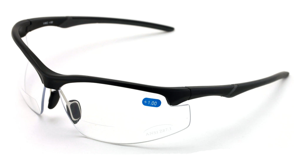 V.W.E. Bifocal Sport Protective Safety Glasses Bi-focal - Clear Lens Reader Reading - Ansi Z87.1 Certified (Matte Black, 1.75)