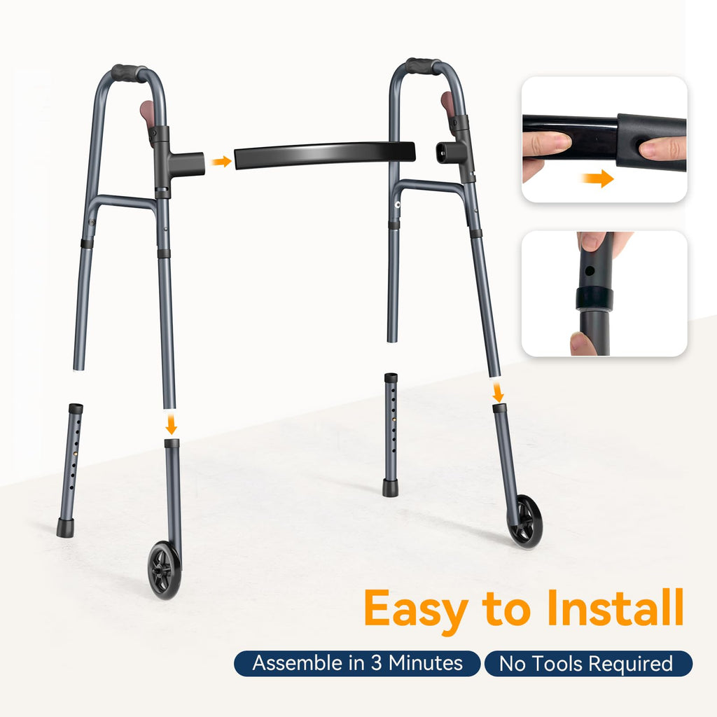 Folding Walker for Seniors, Rolling Walker with 8 Height Adjustments, One-Hand Folding, 300lbs Capacity, Lightweight Aluminum Front Wheel Walker for Elderly Adults and Handicap