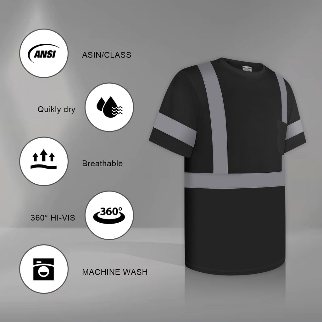 Uno Mejor Work Shirts for Men ConstrUCRtion Class 3 High Visibility Shirts, Hi Vis Reflective Safety T-Shirts for Men Women, Short Sleeve Work Shirts, Durable to Use, UCR-Black XL