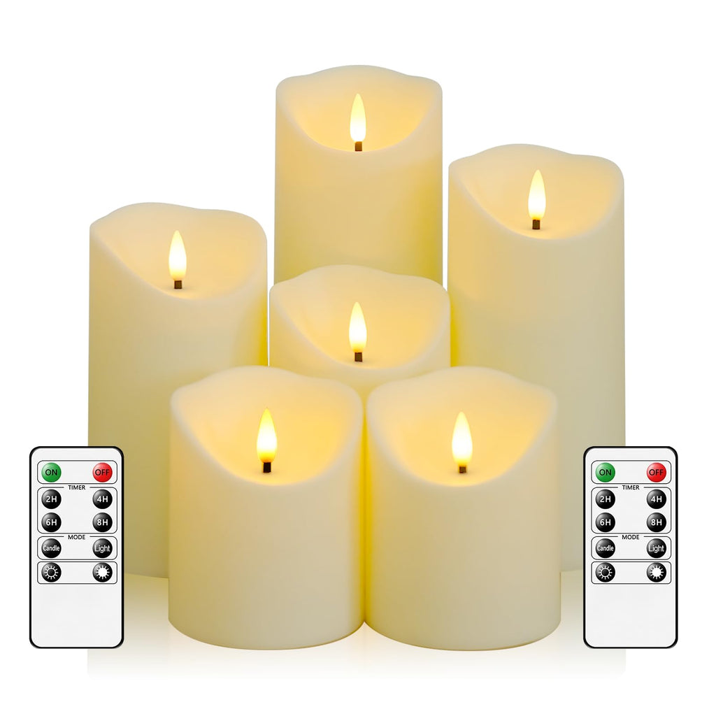 Fo32won Flameless Flickering Candles with Remote Timer, Set of 6 Ivory Led Battery Operated Candles for Home Decor Xmas Halloween (D3 x H3 3" 4" 5" 6" 7")