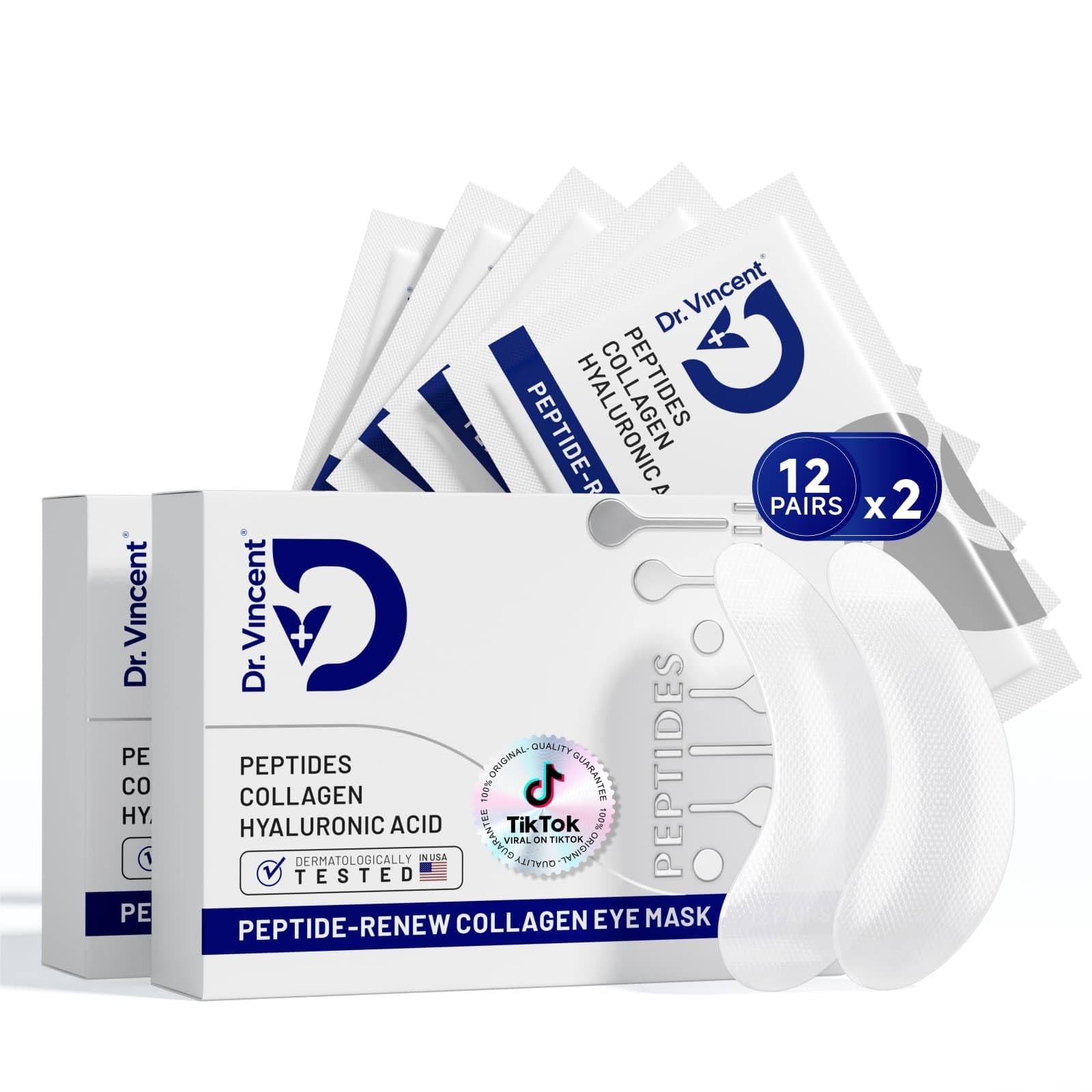 Dr Vincent Peptide Under Eye Patches, Firming Eye Patches Instant Reduces Dark Circles and Puffiness, Collagen Under Eye Mask for Bags Treatment, Wrinkles, 24 Pairs, Vegan