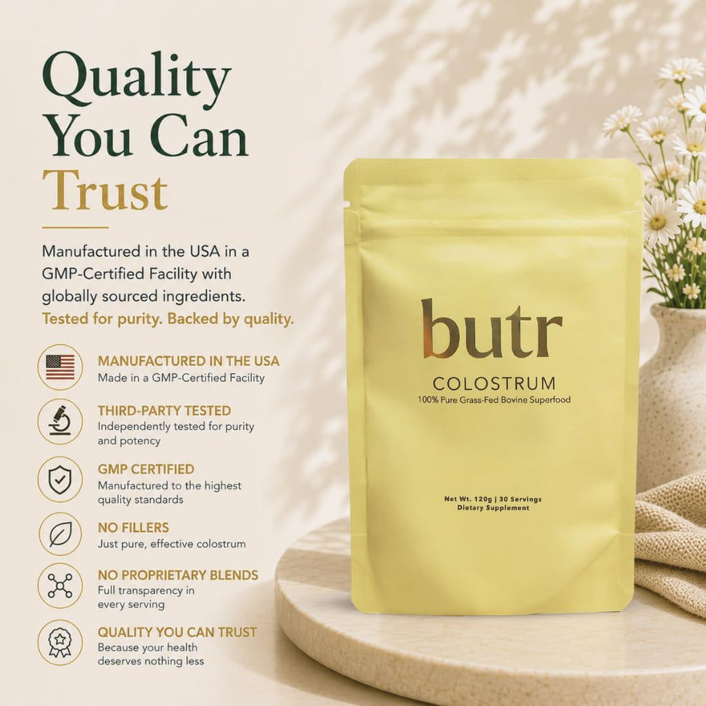 butr Grass-Fed Bovine Colostrum Powder | 4g Colostrum Per Serving | Immunoglobulins | First Day Milking | Gut Health, Immune Support, Recovery & Daily Wellness | Unflavored | 30 Servings
