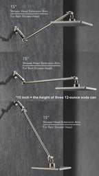 15 Inch Extra Long Adjustable Shower Head Extension Arm With Locking Set Screw, Singing Rain 304 Stainless Steel Angle Height Adjustable, G1/2 Universal Connector Compatible (Nickel Brushed)
