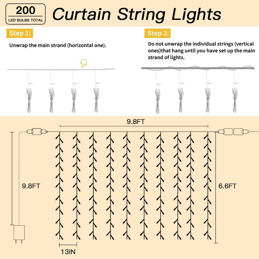Soagrc 200 LED Warm White Curtain Fairy Lights 9.8x6.6FT Plug in