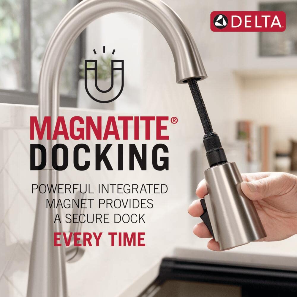 Delta Lenta Matte Black Kitchen Faucet with Pull Down Sprayer, Modern Single Hole Kitchen Sink Faucet, Single Handle, Matte Black 19802Z-BL-DST