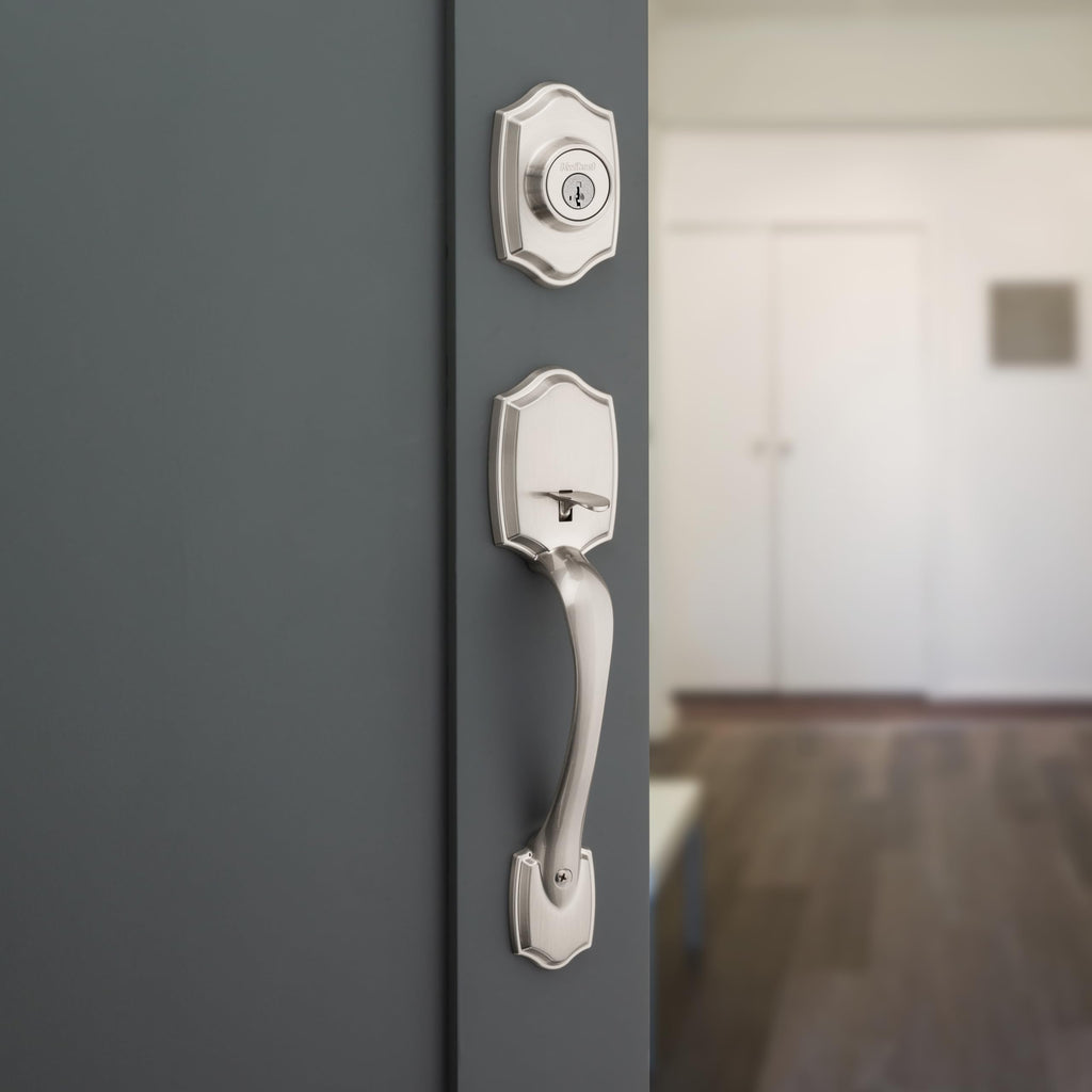 Kwikset Belleview Front Door Lock Handle and Deadbolt Set, Entry Handleset Exterior Only, Satin Nickel, Pick Resistant SmartKey Rekey Deadbolt Security, Interior Sold Separately