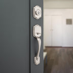 Kwikset Belleview Front Door Lock Handle and Deadbolt Set, Entry Handleset Exterior Only, Satin Nickel, Pick Resistant SmartKey Rekey Deadbolt Security, Interior Sold Separately