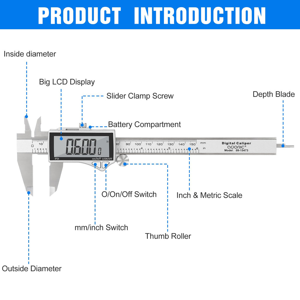 Adoric Digital Caliper, Caliper Measuring Tool Stainless Steel Vernier Caliper Digital Micrometer with Large LCD Screen, Easy Switch from Inch Metric Fraction, 0-6" Caliper Tool for DIY/Household