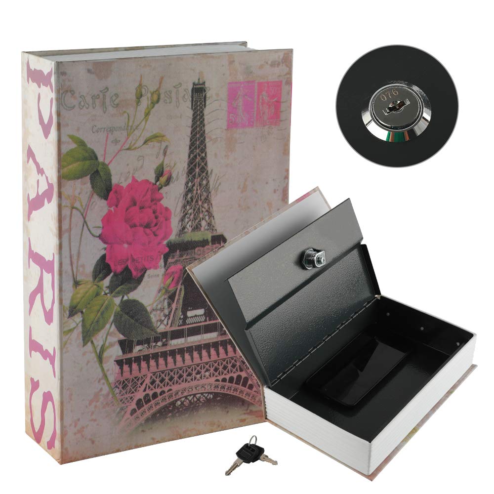 KYODOLED Diversion Book Safe with Key Lock, Secret Safe Metal Lock Box,Money Storage Collection Box,9.5" x 6.1" x 2.2" Paris Large