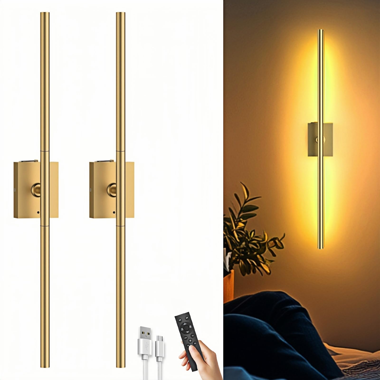 Battery Operated Wall Sconces Set of Two: Dimmable Wireless Wall Lights with Remote, 31-inch LED Rechargeable Sconces, 360° Lighting Wall Scone Decor for TV, Mirror, Bedroom, Living Room(Gold)