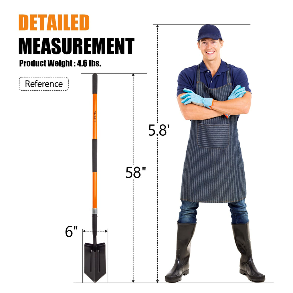 VNIMTI Trench Shovel Heavy Duty, 6-Inch Trenching Shovel with Fiberglass Handle, 58 Inches