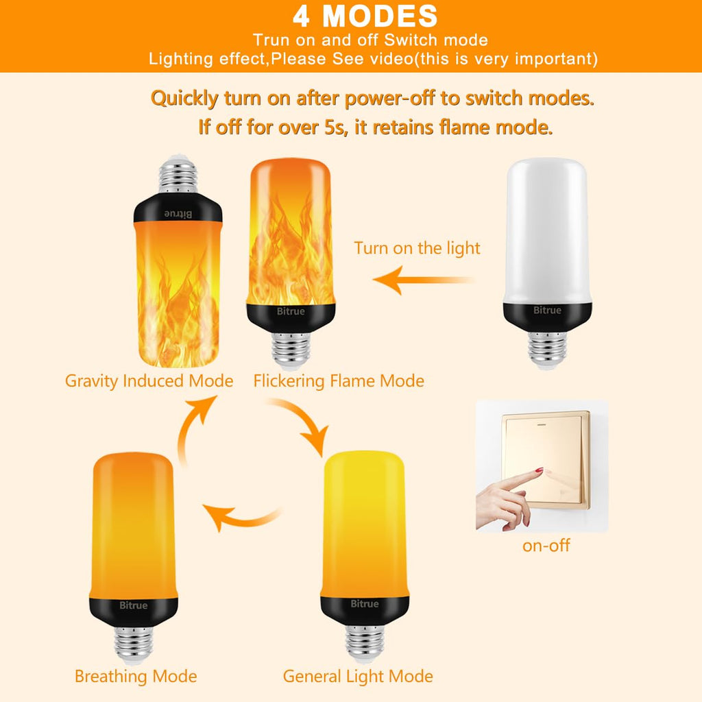 Bitrue LED Flame Bulb, 4 Modes, E26 Base, Gravity Sensor,Decor Light,2-Pack