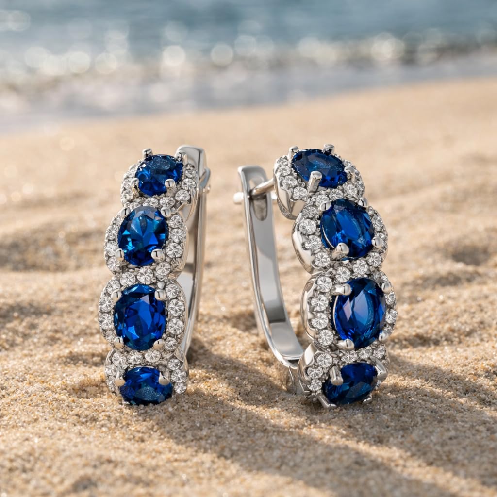 Amy & Annette Blue Sapphire Earrings - 18k White Gold Plated Halo Earring for Women - Great Gift Idea for Every Occasion