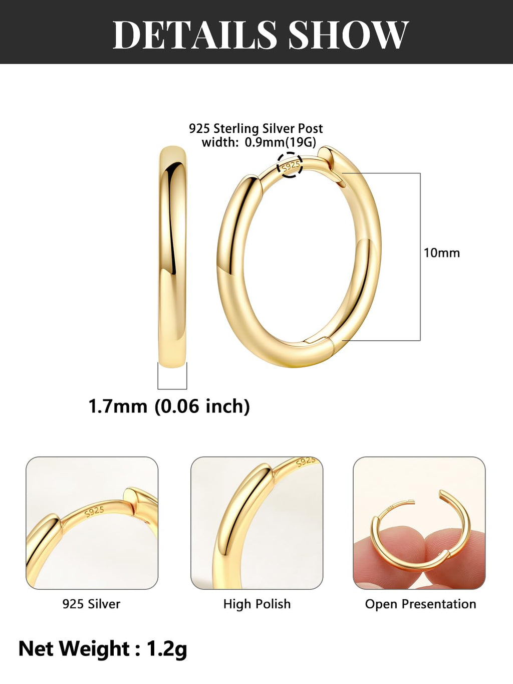 Silvora Gold Huggie Earrings for Women, 10MM Small Gold Hoops with 925 Sterling Silver Posts, Hypoallergenic Cartilage Earrings for Sensitive Ears