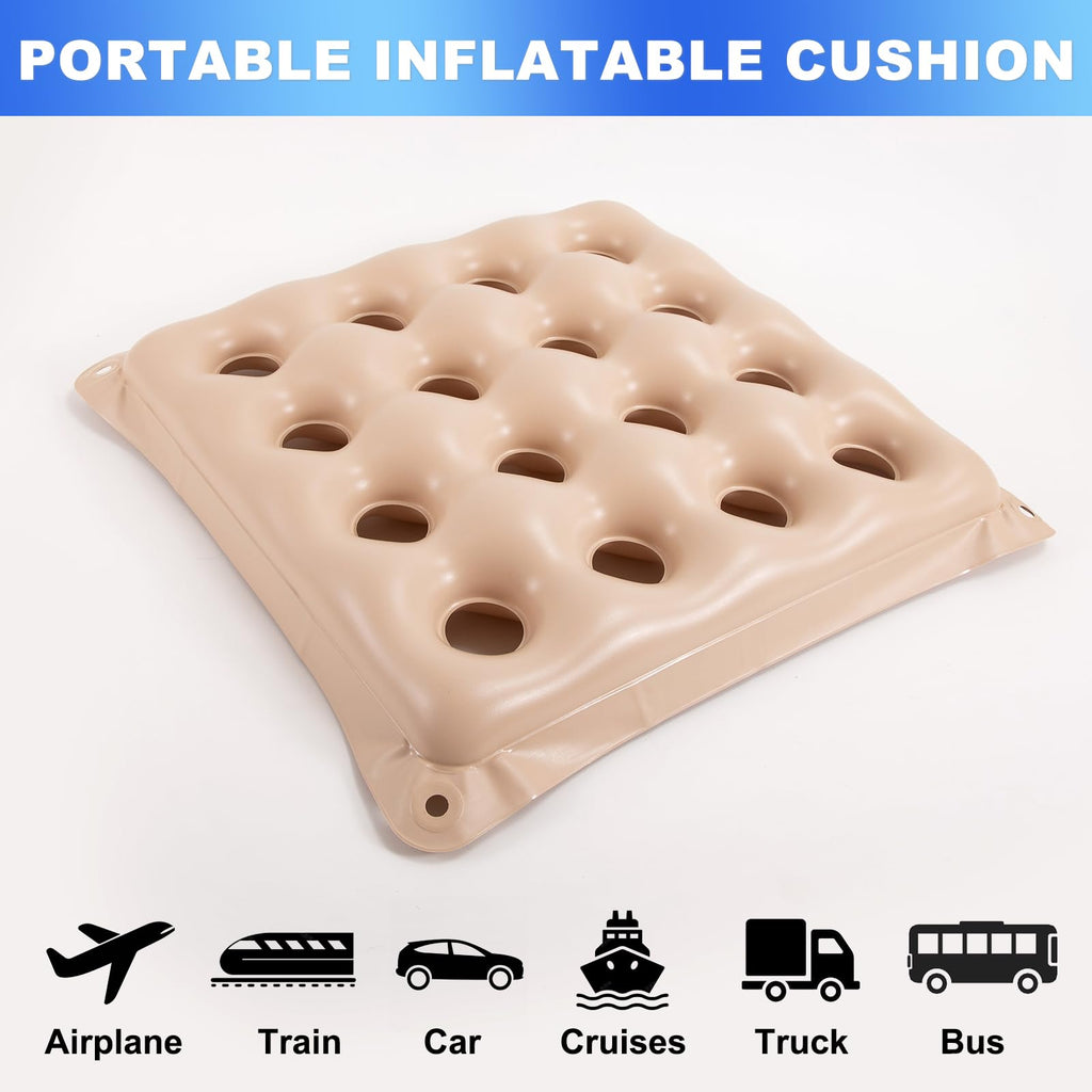 2-Pack Waffle Inflatable Seat Cushions with Pump, 18 Inch Beige 16-Hole Air Cushion for Pressure Relief, Wheelchair, Office Chair, Car Seat & Travel (Beige)