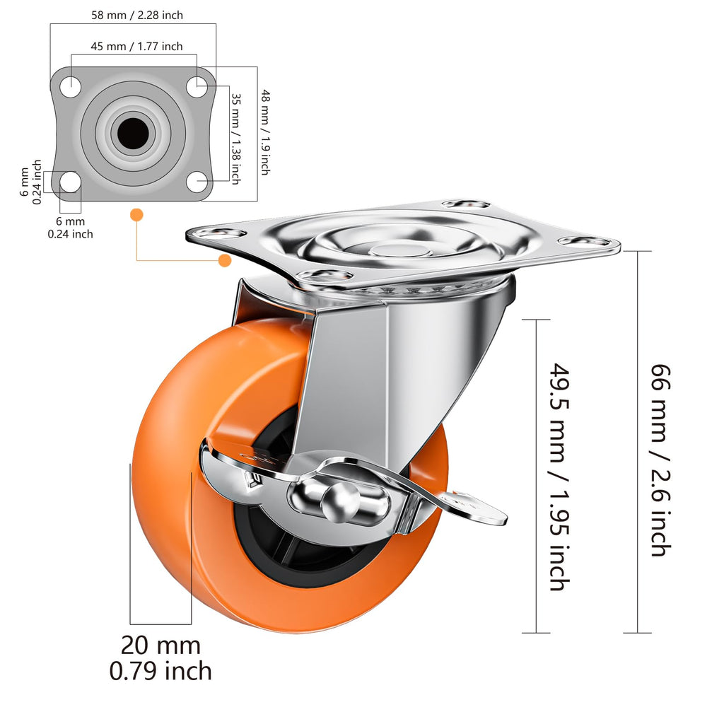 ASHGOOB 2" Plate Casters with Brake, 8 Pack PU Swivel Wheels