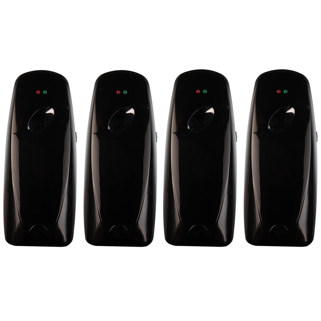 Automatic Air Freshener Spray Dispenser (4-Pack) Wall Mounted or Free Standing, Commercial and Home Use, Multiple Time Scent/Mist Release Settings for Room/Bathroom Sprayer (Black)
