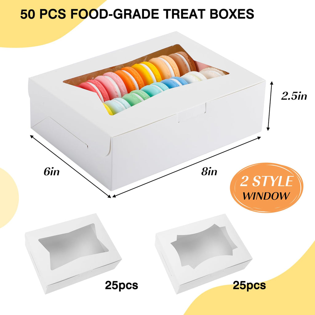 TOMNK 50pcs Cookie Boxes with 2 Style Window, 8x6x2.5in White Bakery Boxes