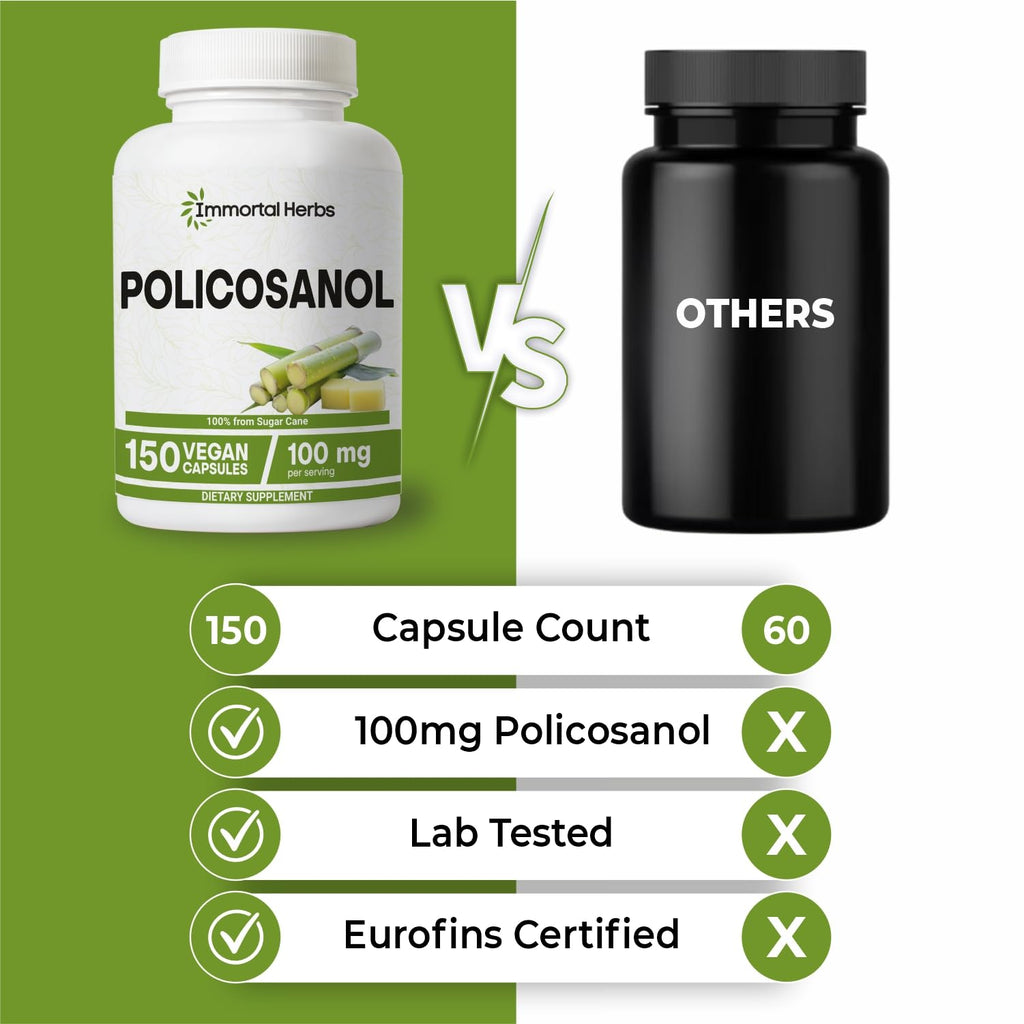 Immortal Herbs Policosanol 100mg Capsules, Derived from Sugar Cane, 150 Pills, Non-GMO and Gluten-Free Policosanol Supplement for Women and Men