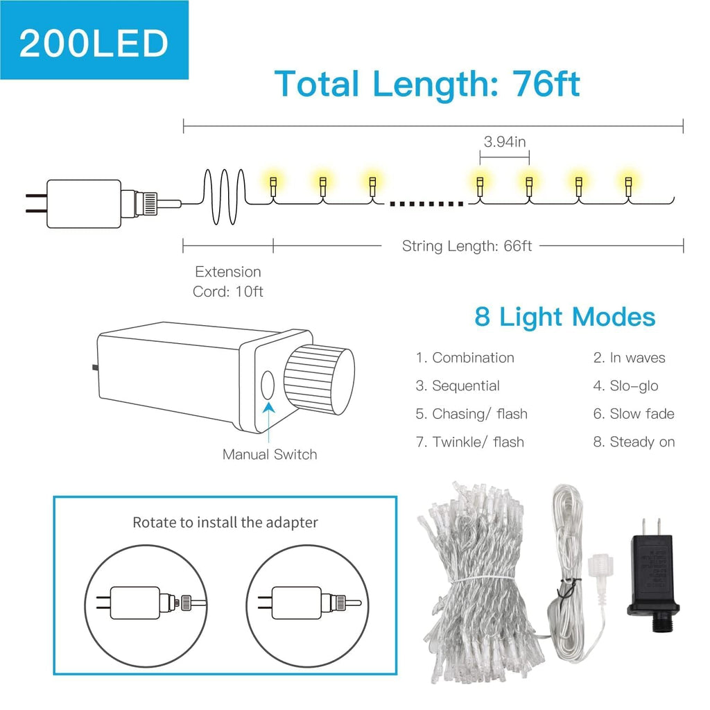 suddus String Lights Indoor Plug in 200 LED Christmas Lights Warm White