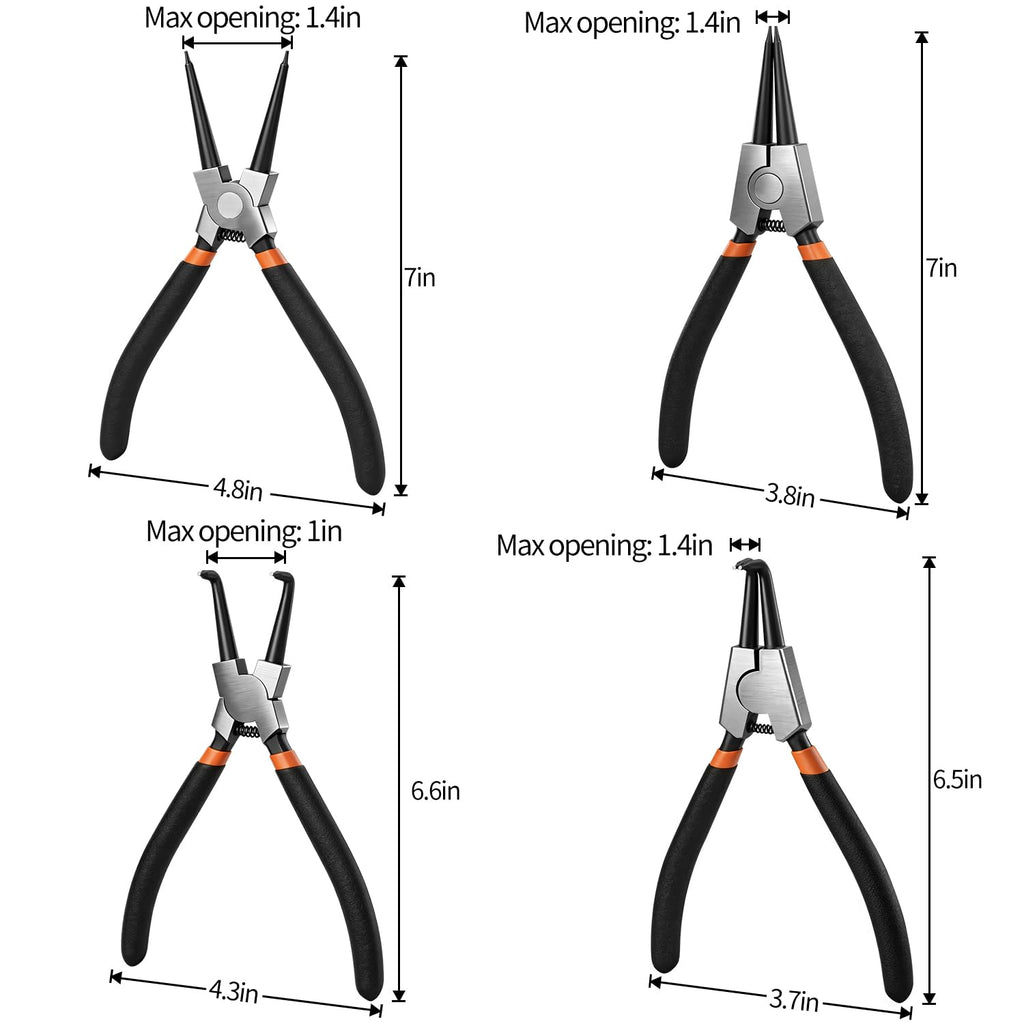 Small Tip Snap Ring Pliers Set, 4pcs 7" Internal/External Circlip Pliers Kit with Straight/Bent Jaw
