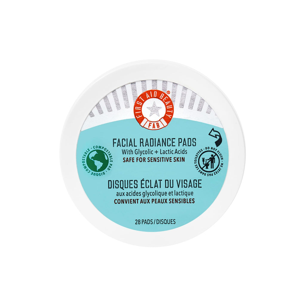 First Aid Beauty - Facial Radiance Pads with Glycolic & Lactic Acids, Daily Exfoliating Pads with AHA, Visibly Smaller Pores, Help Tone & Brighten Skin, One-Step Makeup Prep, Compostable, 28