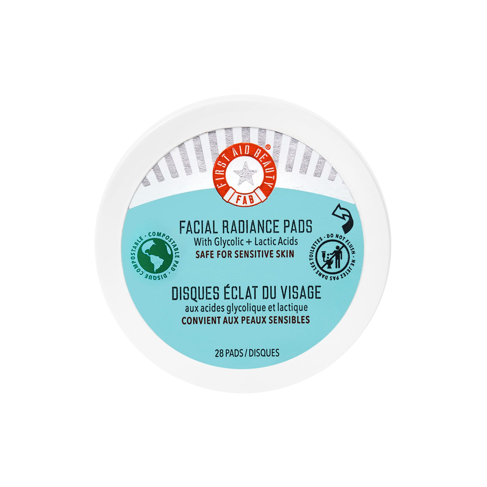 First Aid Beauty - Facial Radiance Pads with Glycolic & Lactic Acids, Daily Exfoliating Pads with AHA, Visibly Smaller Pores, Help Tone & Brighten Skin, One-Step Makeup Prep, Compostable, 28