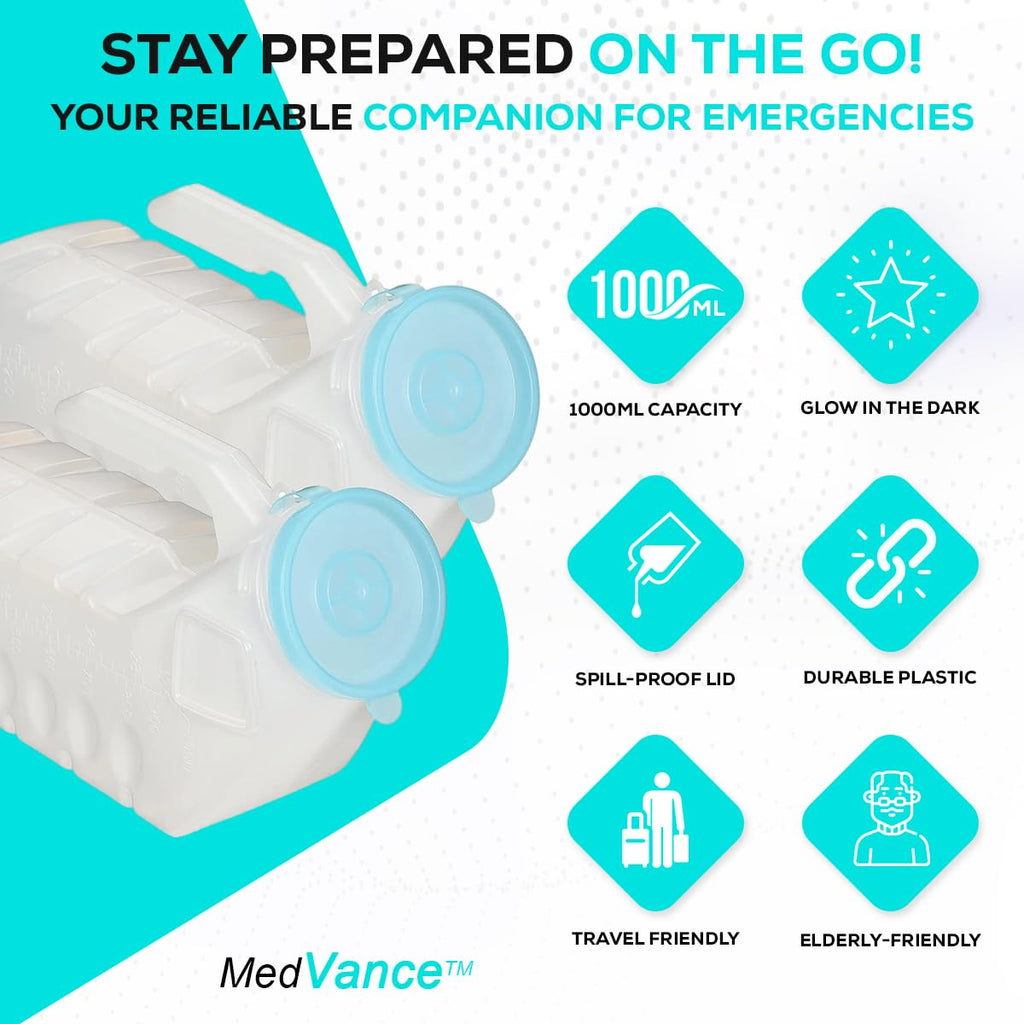 MedVance 1000ml Portable Urinals for Men, 8 Pack – Spill Proof Men's Urinal Bottle w/Glow in Dark & Leak-Proof Lid – Easy-Grip Durable Pee Bottles for Men - Versatile Male Pee Bottle for Elderly Care