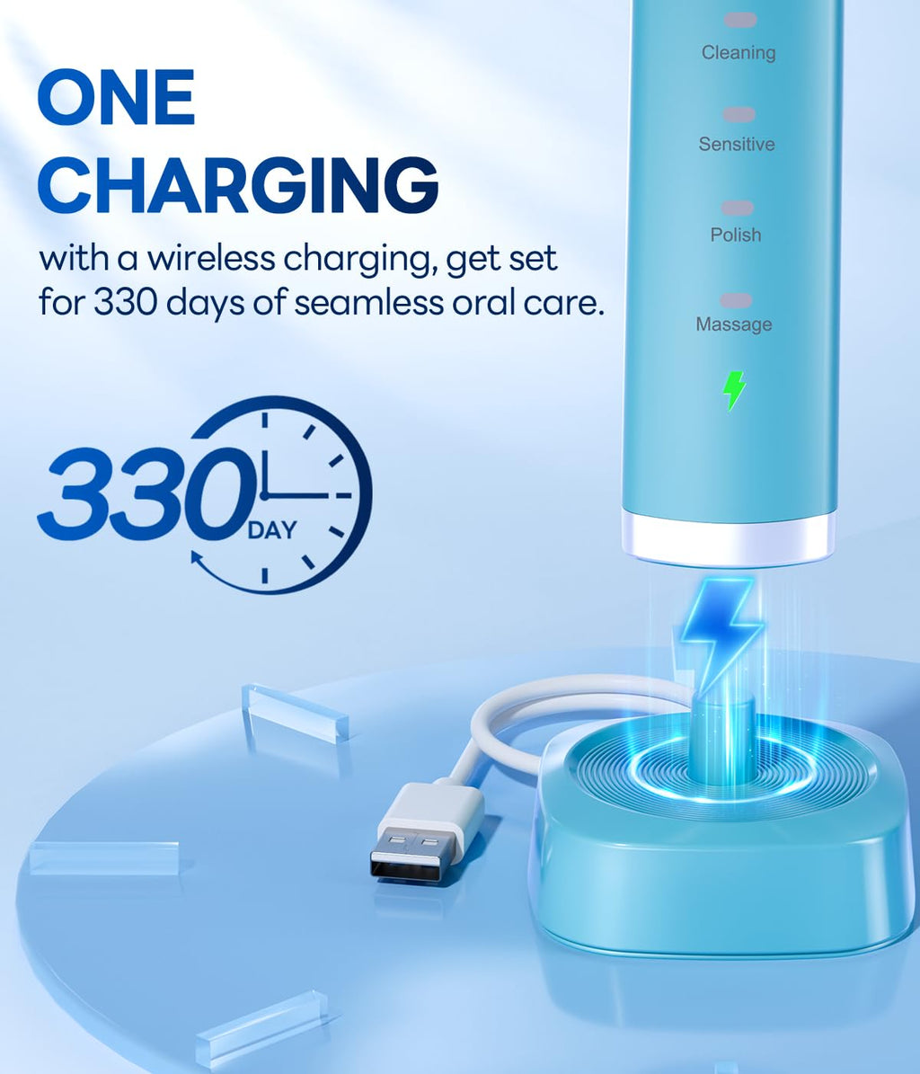 Bymore Electric Toothbrush for Adults,Travel Sonic Toothbrush with 8 Replacement Heads, Ultra Clean RechargeableToothbrush Portable One Charge for 330days 5 Modes 2mins Timer-Cyan Blue