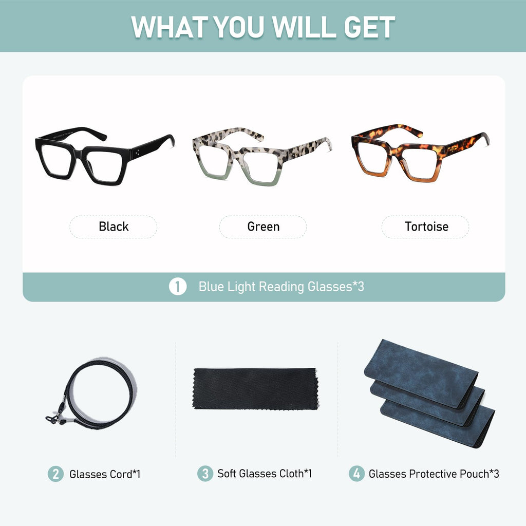 Kafirlo Oversized Reading Glasses For Women Readers Oprah Style Blue Light Blocking Computer Cheaters Designer Ladies Square Large Frame Stylish Fashion Funky Cute Trendy Big Head Best 3 Pack +1.50