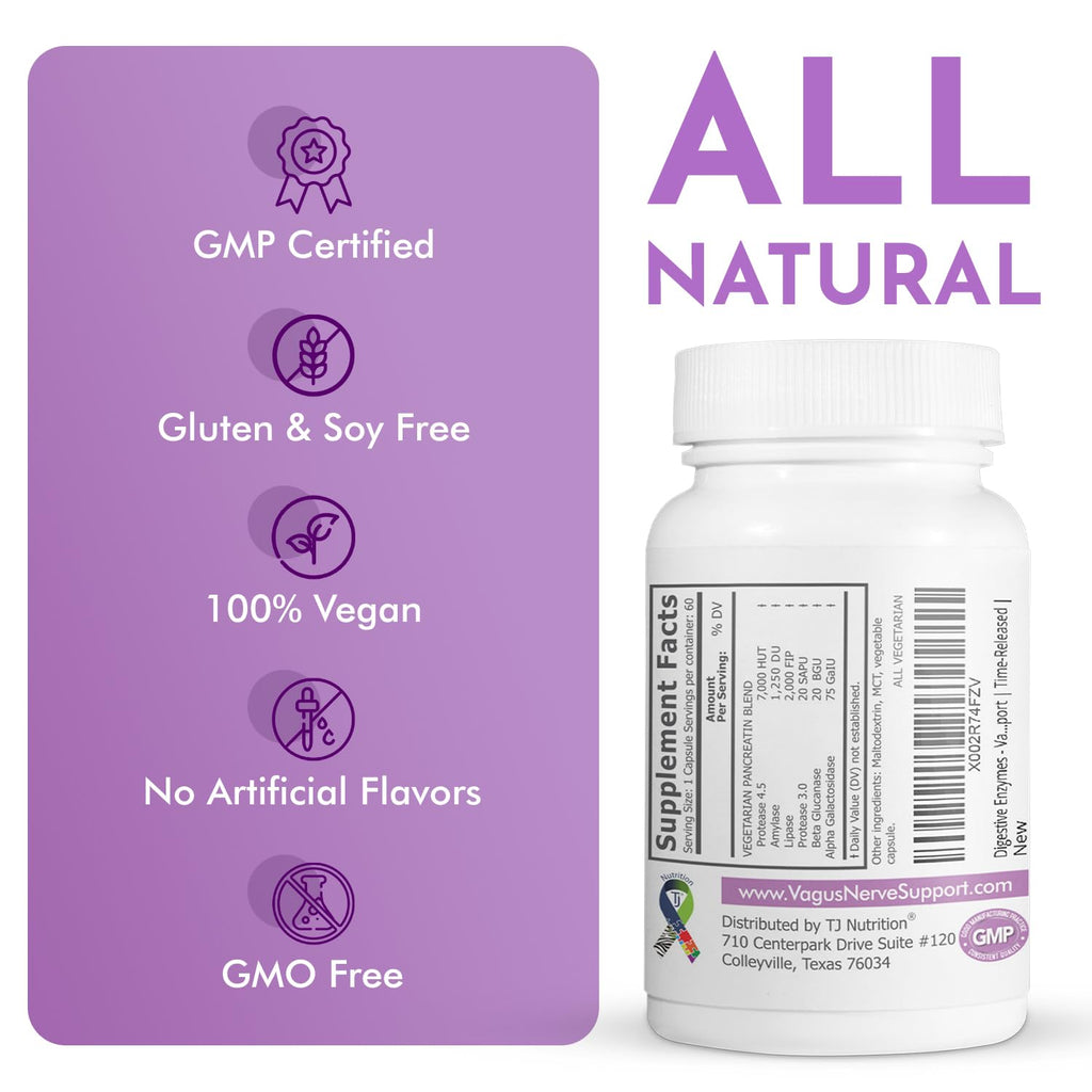 TJ Nutrition Digestive Enzymes for Sensitive Stomachs - Supports Vagus Nerve, Vegetarian Pancreatic Support, Timed Release Formula for Optimal Gut Health, Enhances Food Digestion & Gut Flora