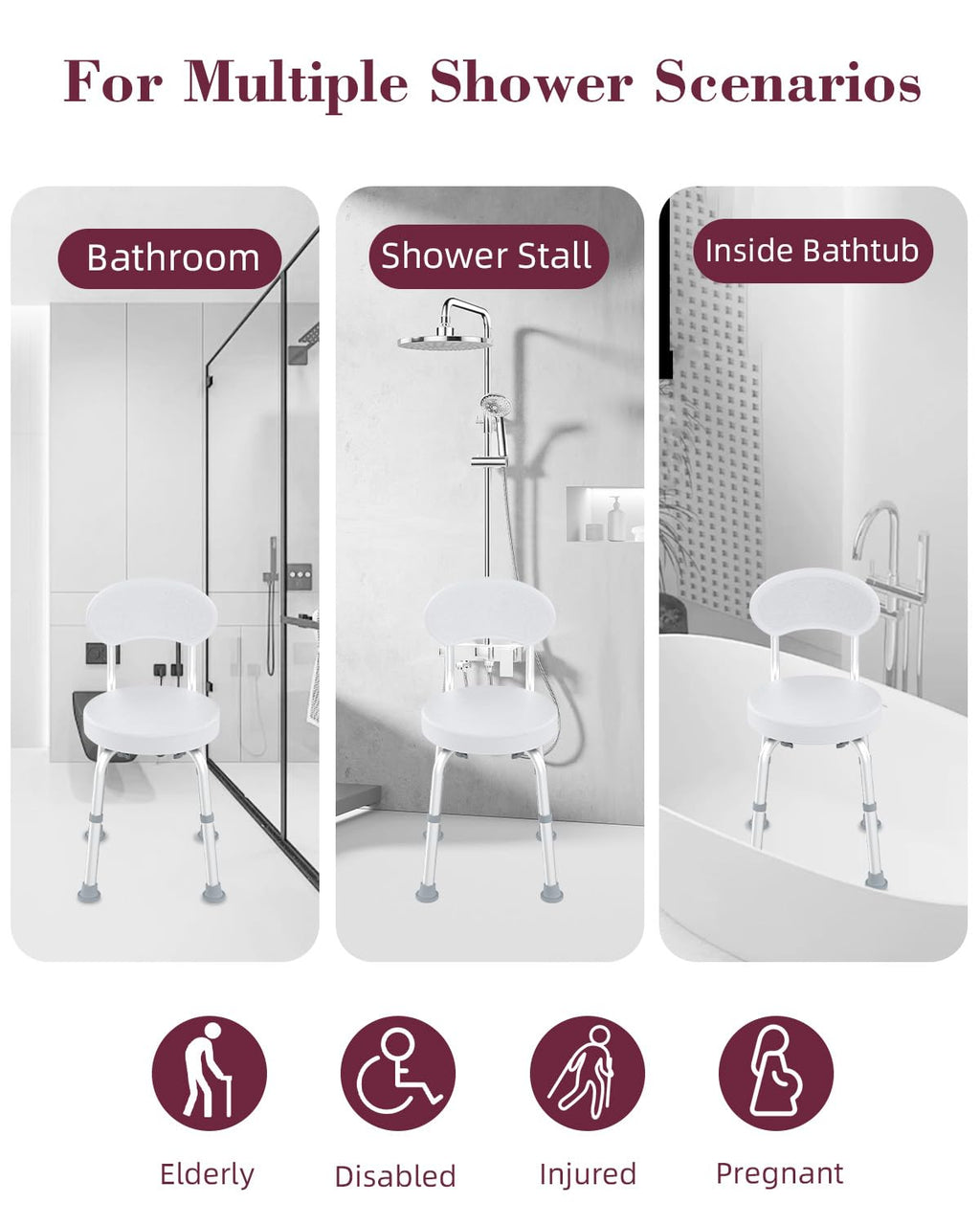 Fvzzin Swivel Shower Chair, 360° Non-Slip Shower Seat with Backrest for Elderly and Disabled, Height Adjustable Rotating Tub Transfer Bench for Seniors Bathroom Inside Shower(White)
