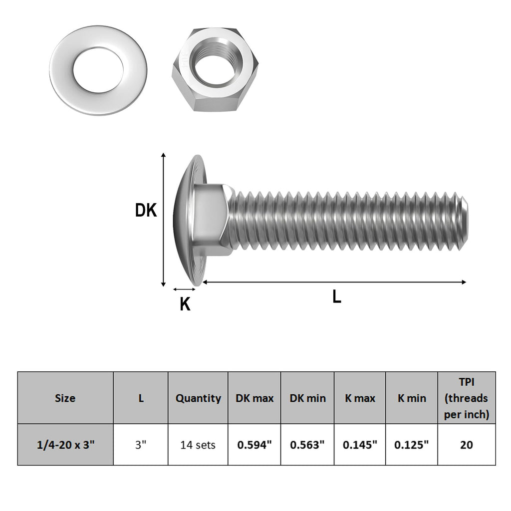 VGBUY 1/4-20 x 3 Carriage Bolts Screws 14 Sets, 304 Stainless Steel 18-8, Round Head Square Neck, Carriage Bolts and Nuts Kit, with Flat Washers