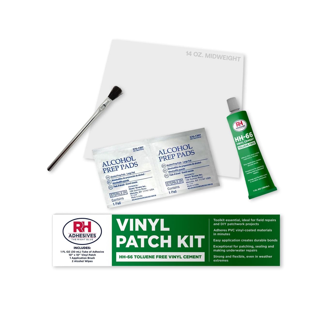RH Adhesives Vinyl Patch Kit with 10" x 10" Reinforced Flexible PVC, 1 oz. Tube of HH-66 TF Vinyl Cement, Applicator Brush, Alcohol Wipes (White, Midweight PVC (14 oz.))