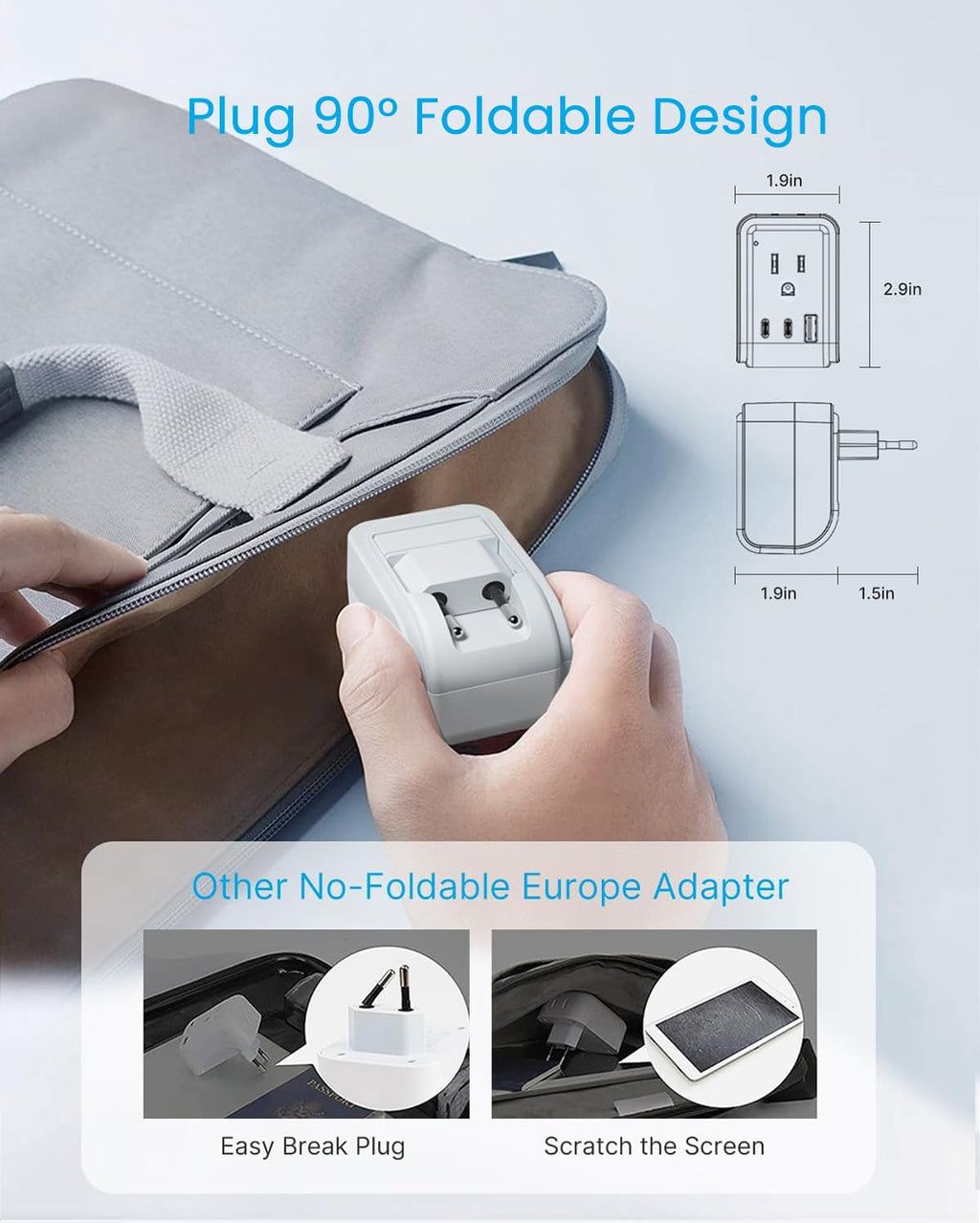 2 Pack European Travel Plug Adapter, VINTAR Foldable International Power Adapter with 2 AC Outlets 3 USB Charging Ports(2 USB C), Type C Power Adaptor to Most Europe Italy Spain France Iceland Germany
