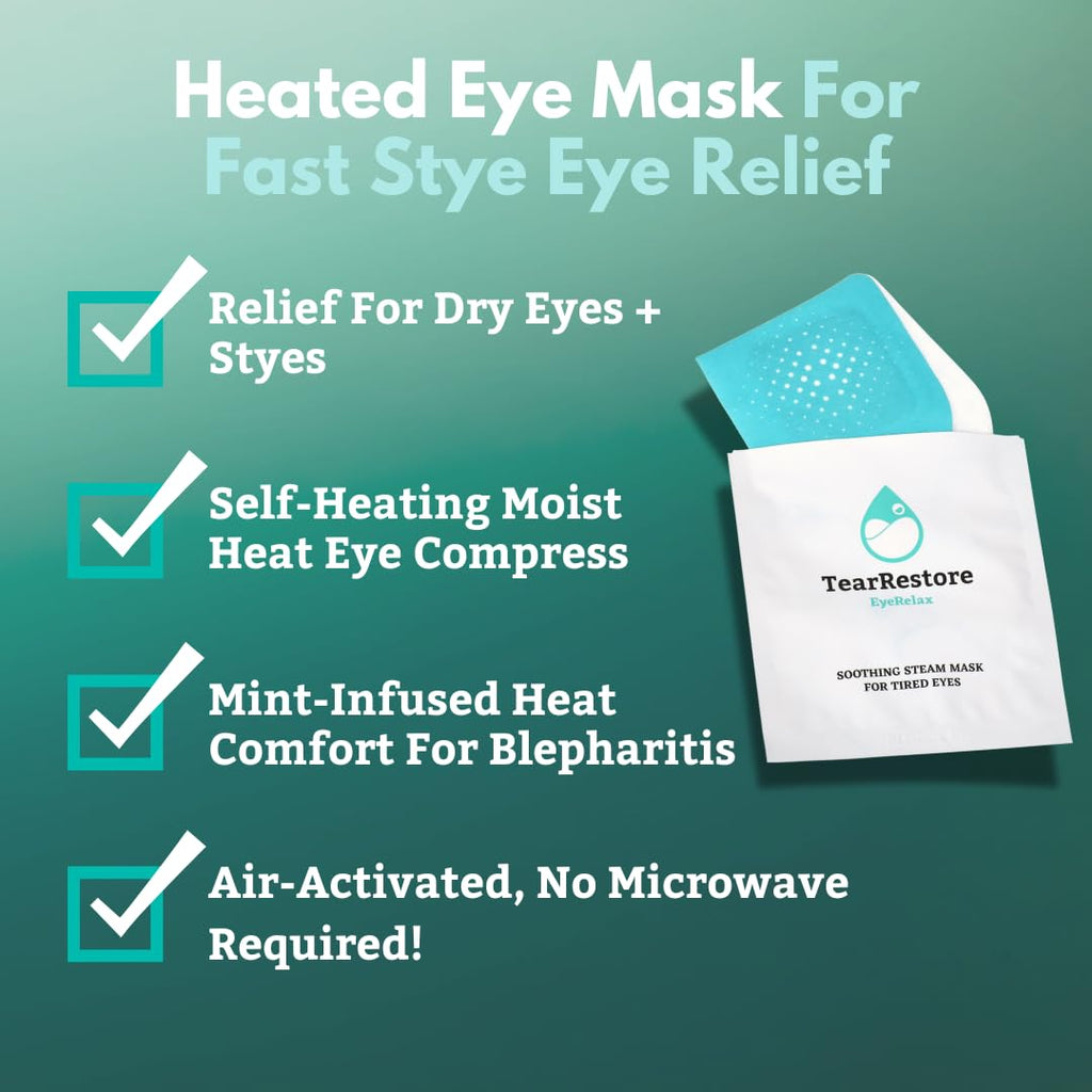 TearRestore EyeRelax Heated Eye Mask for Dry Eye & Stye Relief, Self-Heating Warm Compress with Moist Heat, Mint-Infused Steam Mask for Dry Eyes, Blepharitis Relief & Overnight Comfort (30 Count)
