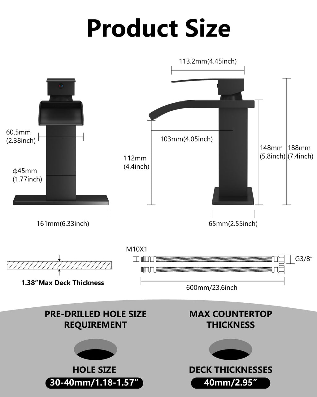 GBBNE Waterfall Bathroom Faucet 1 Hole, Single Hole Bathroom Faucet, Single Handle Vanity Sink Faucet with Deck Plate, Pop-up Drain & Supply Lines, Matte Black