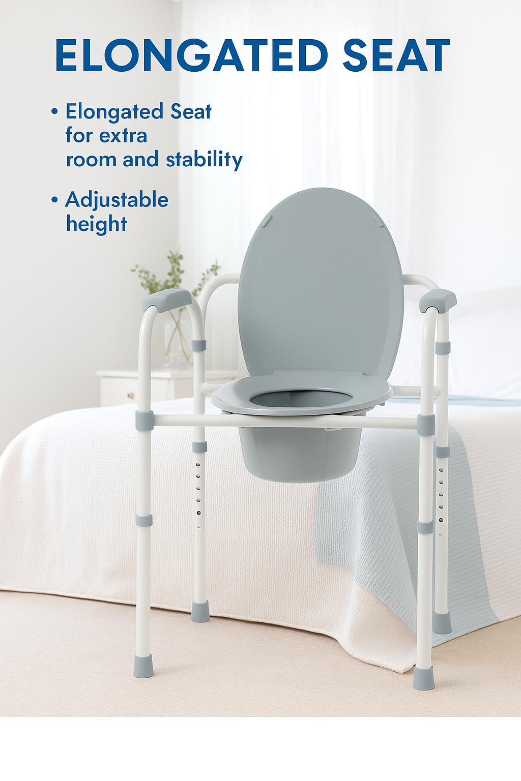 Dr. Dunley 3-in-1 Bedside Commode Chair with Elongated Seat – Steel Folding Frame, 7.5 QT Bucket, 350 lb Weight Capacity, Clip-On Toilet Seat, Bathroom Safety Aid for Seniors, Tool-Free Assembly